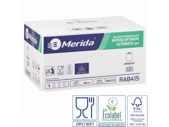 Ręczniki papierowe w roli z adaptorem MERIDA OPTIMUM AUTOMATIC MINI, białe, średnica 14,5 cm, długość 140 m, dwuwarstwowe, karton 6 rolek, ECOLABEL Ręczniki papierowe w roli z adaptorem MERIDA OPTIMUM AUTOMATIC MINI, białe, średnica 14,5 cm, długość 140 m, dwuwarstwowe, karton 6 rolek, ECOLABEL